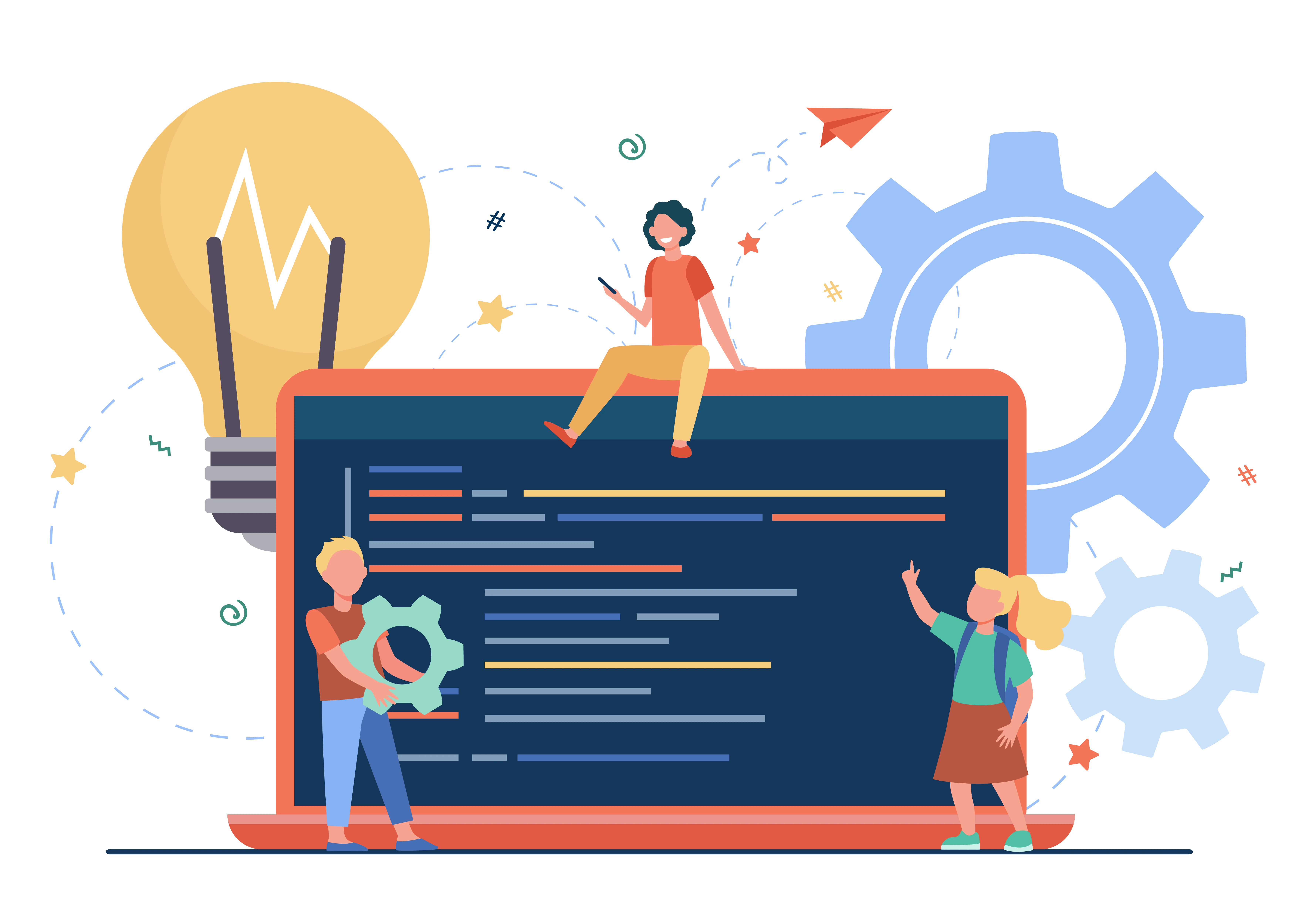Illustration of web development interfaces, testing panels, and code workflows.