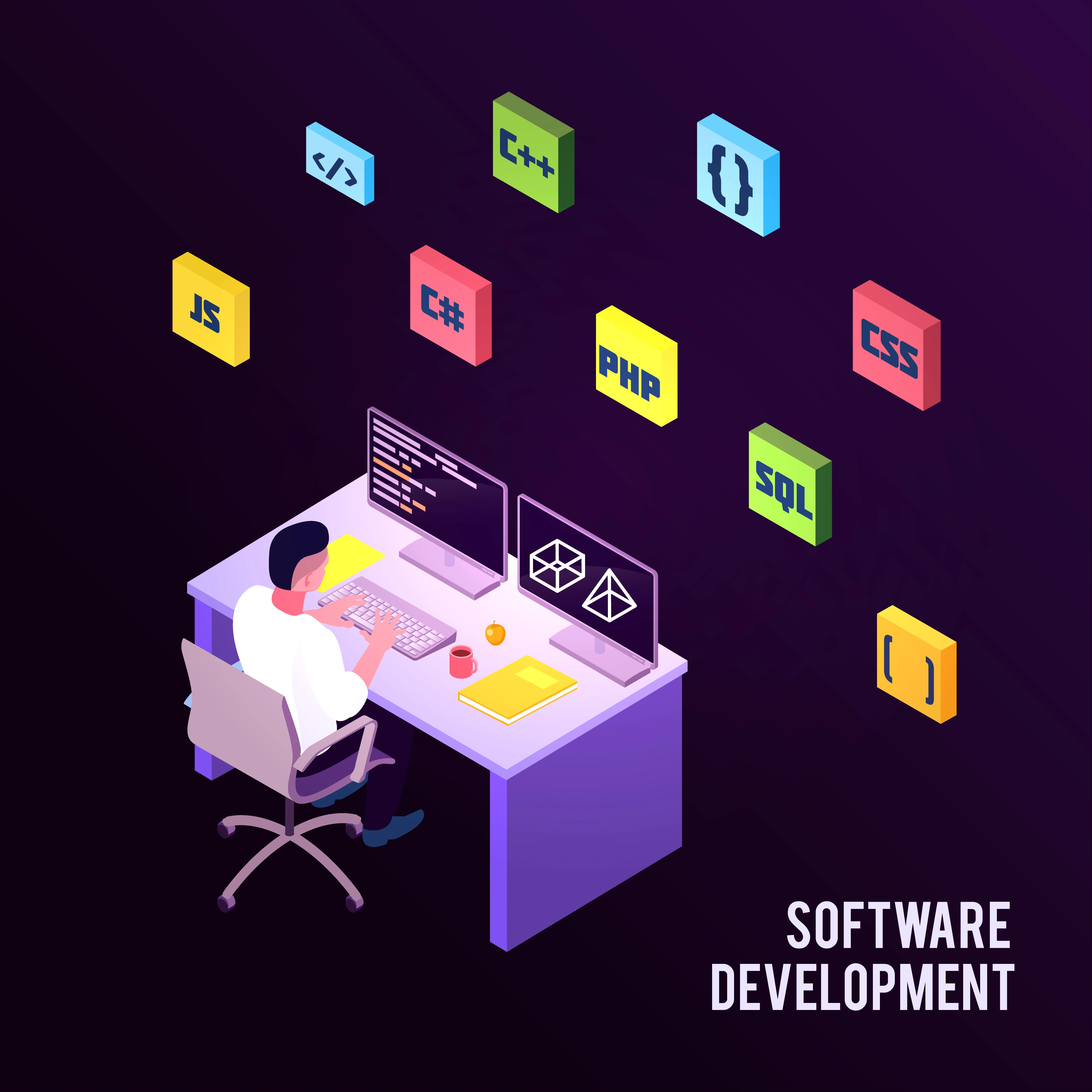 Illustration of software development with programming languages and multi-screen coding workspace.