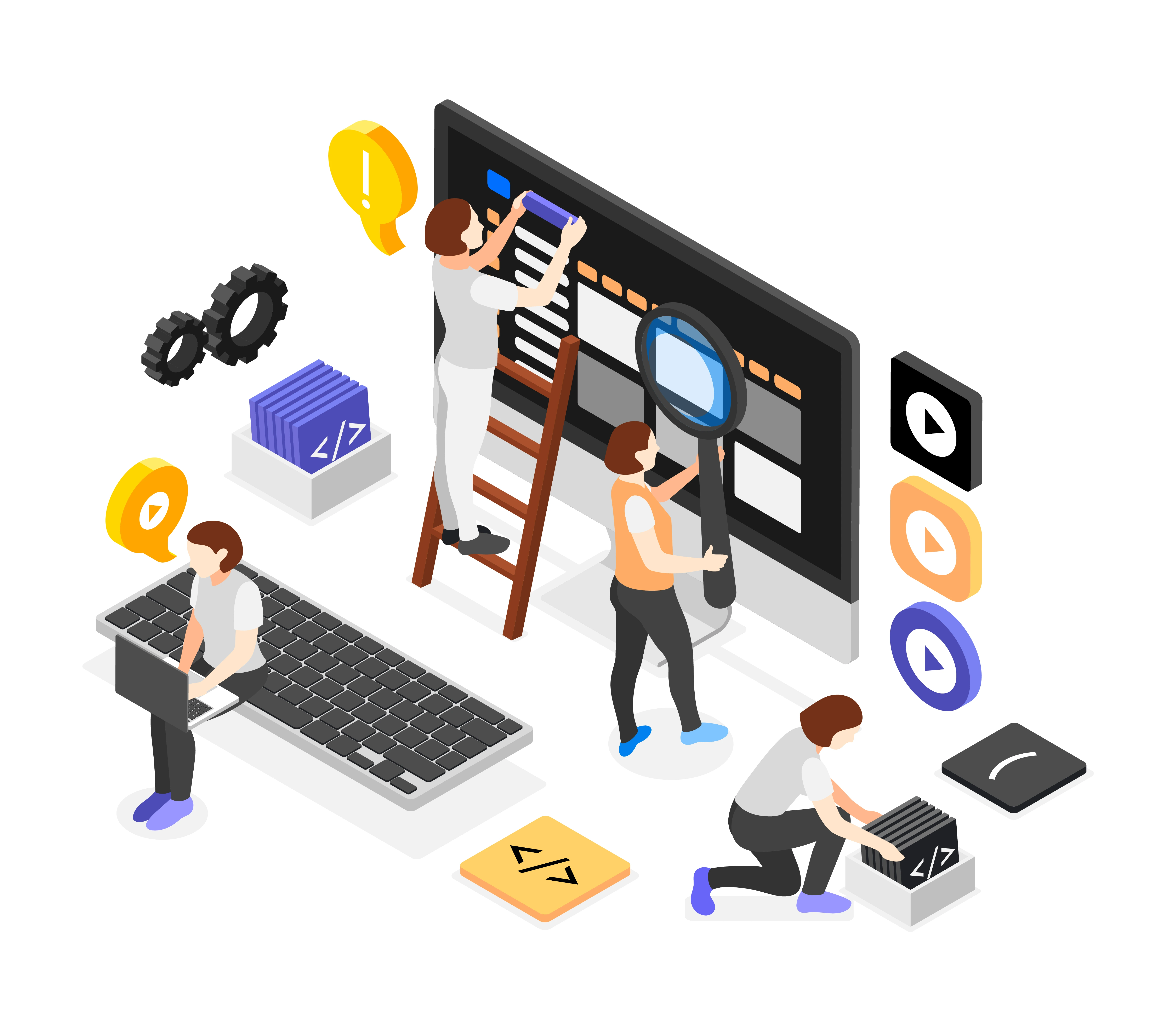 Illustration of UX design teams shaping interfaces, reviewing screens, and refining user flows.